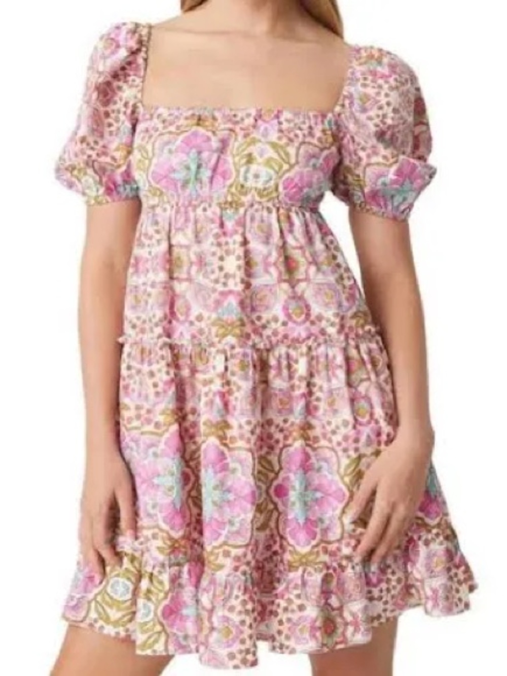 Misa Los Angeles Pink, Gold, Teal Floral Print Dress